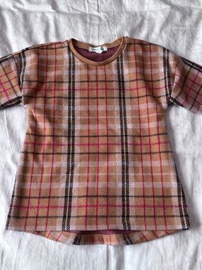 Toddler Girls Plaid Knit Top in Tan orange and Pink